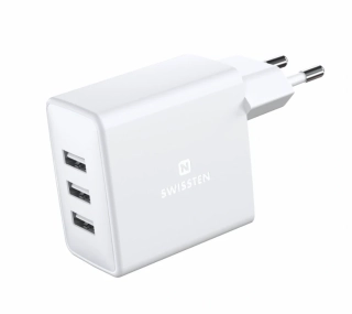 Nabíječka do sítě SWISSTEN s 3X USB výstupem, 15W, bílá (bez kabelu)