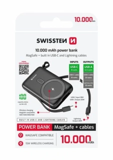 Swissten POWER BANK 10000 MAH PD 22,5W S INTEGROVANÝMI KABELY USB-C A LIGHTNING (KOMPATIBILNÍ S MAGSAFE)