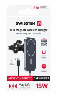 Swissten MAGNETICKÝ DRŽÁK DO VENTILACE AUTA S BEZDRÁTOVÝM NABÍJENÍM 15W (KOMPATIBILNÍ S MAGSAFE)