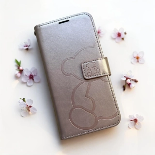 Flipové pouzdro MEZZO Book – iPhone 16e / iPhone 17e, medvídek, zlatě růžové