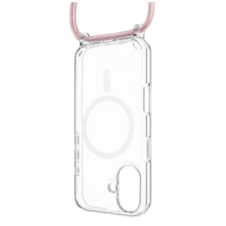Crossbody FIXED MagPure Neck iPhone Air – čiré pouzdro s růžovou šňůrkou