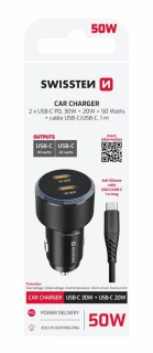 SWISSTEN CL ADAPTÉR 2x USB-C PD, 50W ČERNÝ + KABEL USB-C / USB-C, 1 M