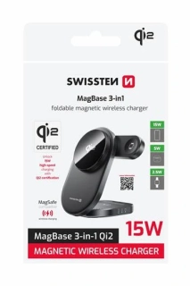 SWISSTEN SKLÁDACÍ BEZDRÁTOVÁ Qi2 NABÍJEČKA MagBase 3v1 ČERNÁ (kompatibilní s MagSafe)
