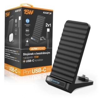 Bezdrátový QI stojánek Aligator 15W 2v1 USB-C černý