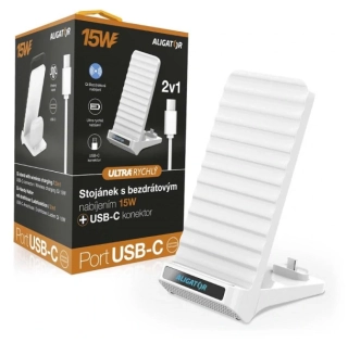 Bezdrátový QI stojánek Aligator 15W 2v1 USB-C bílý