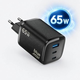 Nabíječka Blue Star Nano GaN 65W 2x USB-C + USB-A PD QC4.0 černá