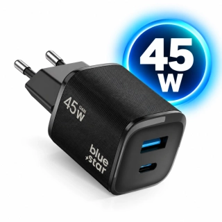 Nabíječka Blue Star Nano GaN 45W USB-C + USB-A PD QC4.0 černá