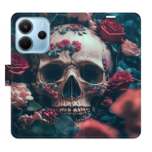Flip pouzdro iSaprio na mobil Xiaomi Redmi Note 14 4G - Skull in Roses 02 s kapsičkami na karty