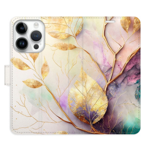 Flip pouzdro iSaprio - Apple iPhone 15 Pro - Gold Leaves 02 - kapsičky na karty